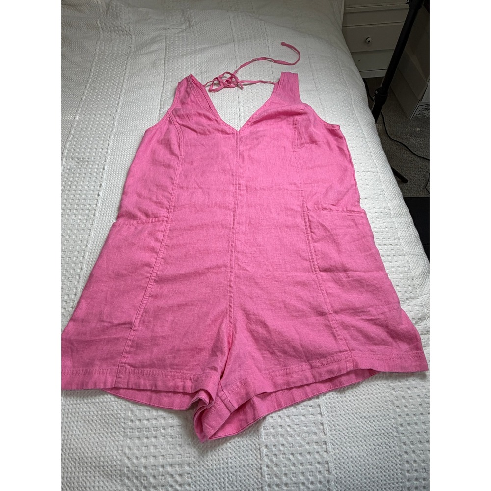 Athleta Pink 100% Linen V-Neck Romper Small Athleisure Resortwear